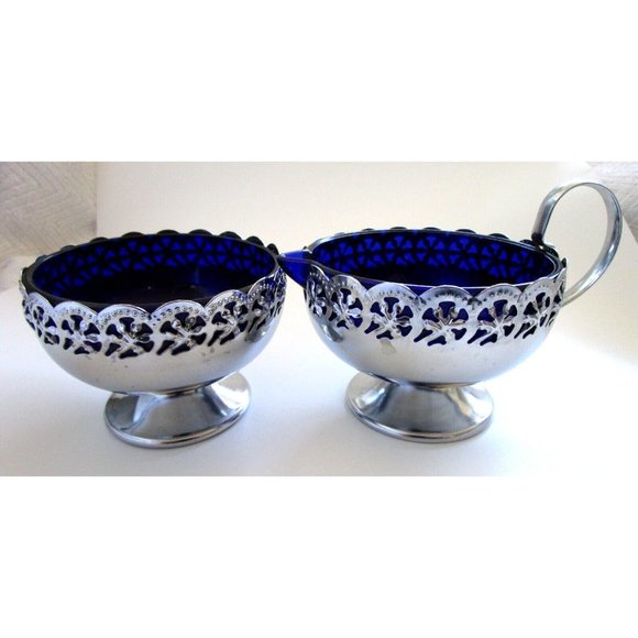 Cobalt Blue Glass and Silver Quality Plate Sugar and Creamer Set - England VTG - Picture 5 of 16